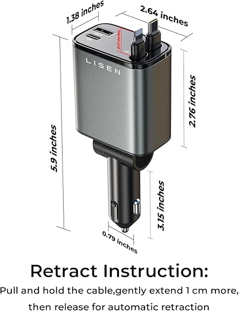 4-in-1 Car charge with Dual Retractable Cable, Dual Port USB C PD Fast chaging Car Adapter Car Cigarette Lighter Adapter with Voltage Display Compatible with iPhone 14 13 Pro Max, iPad, Samsung