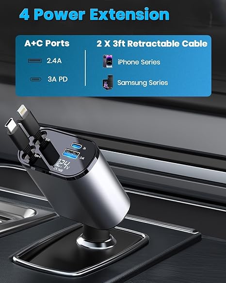 4-in-1 Car charge with Dual Retractable Cable, Dual Port USB C PD Fast chaging Car Adapter Car Cigarette Lighter Adapter with Voltage Display Compatible with iPhone 14 13 Pro Max, iPad, Samsung