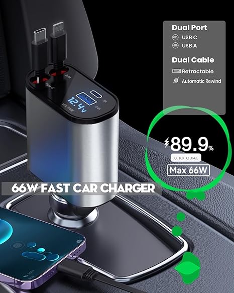 4-in-1 Car charge with Dual Retractable Cable, Dual Port USB C PD Fast chaging Car Adapter Car Cigarette Lighter Adapter with Voltage Display Compatible with iPhone 14 13 Pro Max, iPad, Samsung